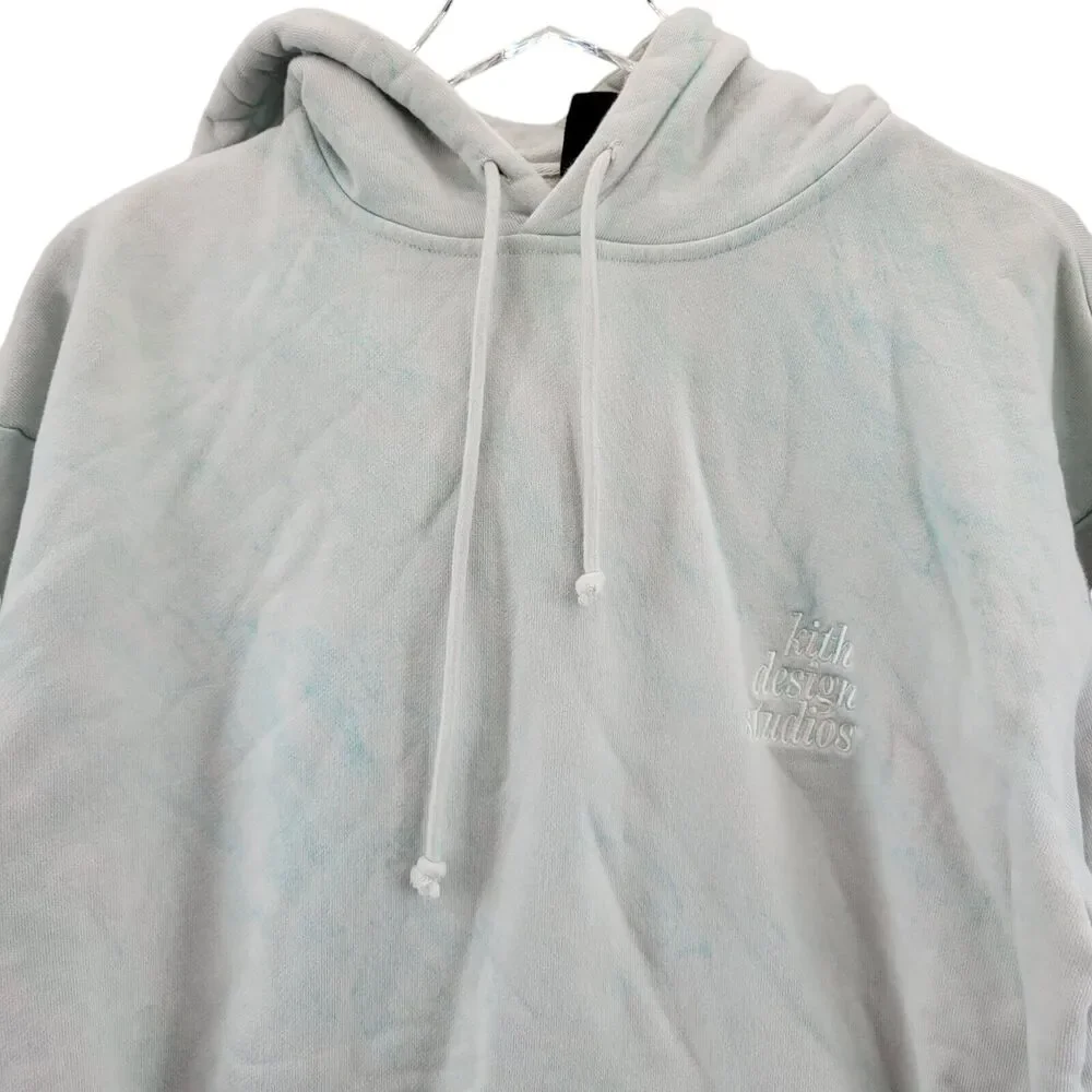 KITH Pullover Hooded Sweatshirt Men Small White Turquoise Blue Watercolor Subtle